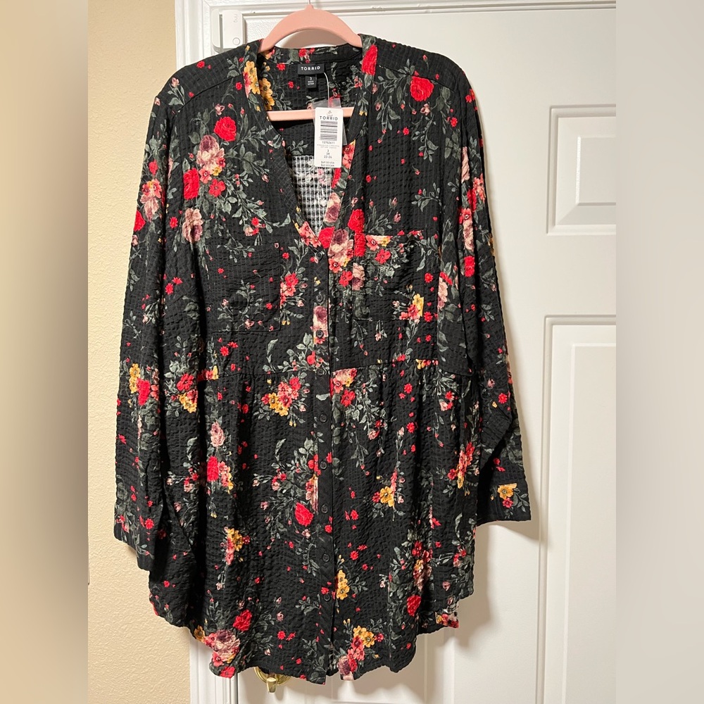 Torrid Emma Babydoll Crinkle Gauze Long Sleeve Tunic Top 3X